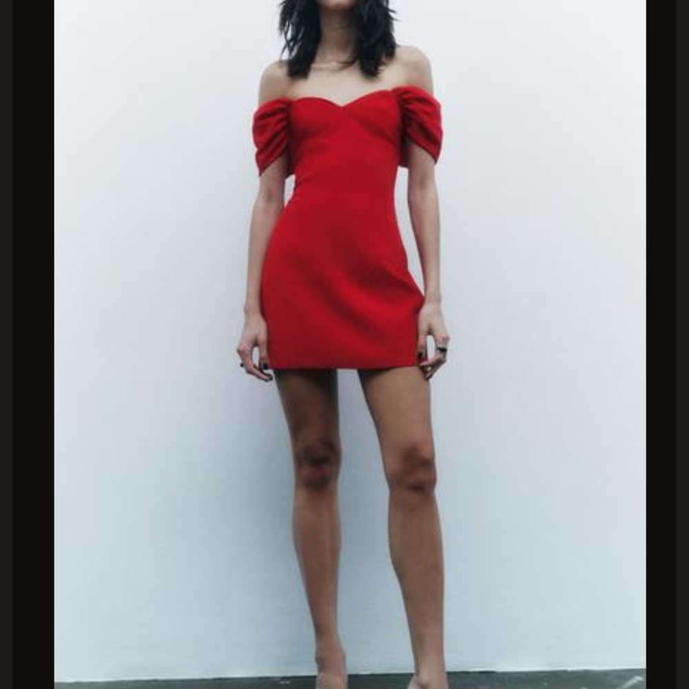 Zara Off-Shoulder Red Mini Dress Heart Neckline